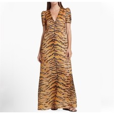 Zimmermann Matchmaker Short Sleeve Maxi Dress in Tan Tiger Silk Satin Size 4 NWT