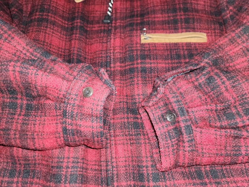 DE COLECCIÓN OSO DORADO HOMBRE LANA CUADROS ACOLCHADO FORRADO ABRIGO CHAQUETA ROJO/NEGRO CON GAMUZA Foto 3 de 4