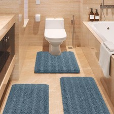 SmileYes Striped Haze Blue Bathroom Rug Set 3 Pieces Ultra Soft, Non Slip Chenil