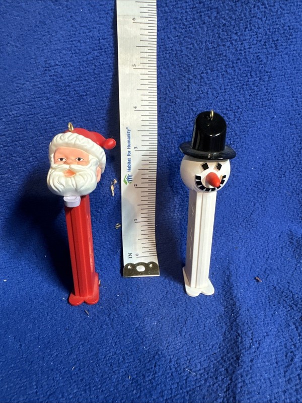 Pair Of Hall Mark Pez Dispenser Ornaments 1995 Santa 1996 Snowman