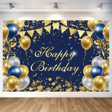 Blue Gold Birthday Party Backdrop Blue Gold Happy Birthday Banner Photography...