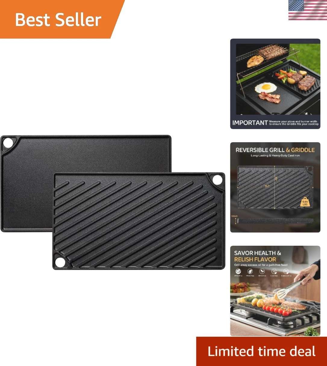 Reversible Grill/Griddle, 16.7x9.5'' Pre-Seasoned Cast Iron Griddle Pan, Doub...