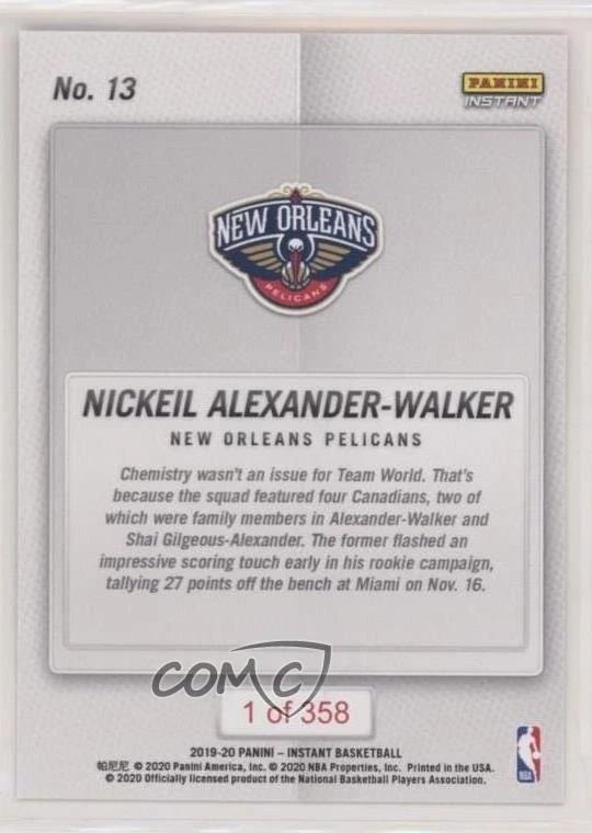 2019-20 Panini Instant Rising Stars /358 Nickeil Alexander-Walker #13 Rookie RC - Image 2 of 3