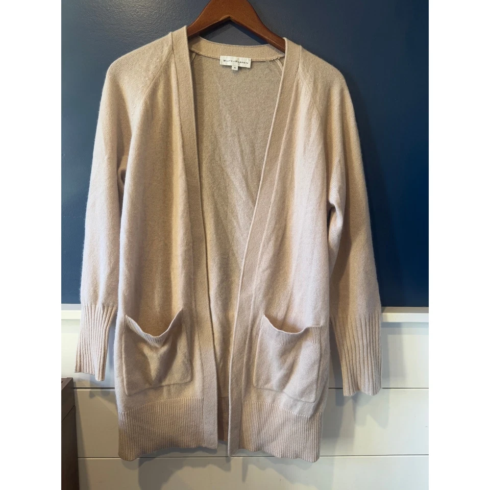 Blanco + Warren | Cárdigan abierto con parche 100 % cachemir tostado | Talla XS Foto 2 de 4