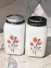Vintage 1930-1940 McKee Milk Glass Red Tulip Salt and Pepper Shakers