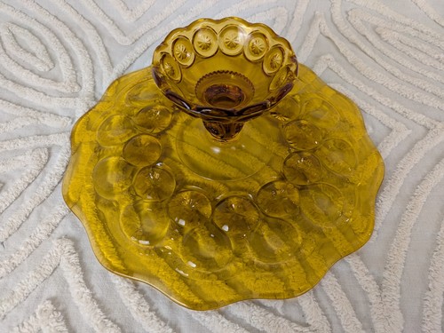 Vintage LE Smith Amber Glass Moon & Stars Footed Cake Plate Pedestal Dish Flat - Picture 6 of 10