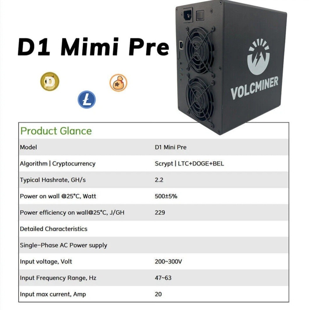 Near New Stock VolcMiner D1 Mini LTC & Doge Coin Miner 2.2Gh/s 500W
