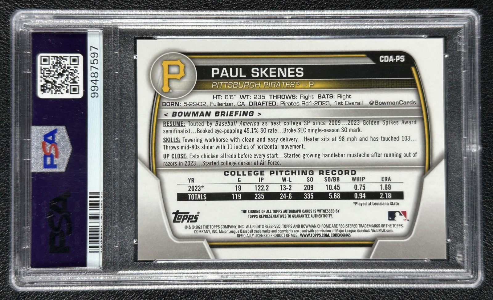 PAUL SKENES PSA 9 2023 BOWMAN CHROME DRAFT #CDA-PS 1ST PROSPECT AUTO 7597 view 2