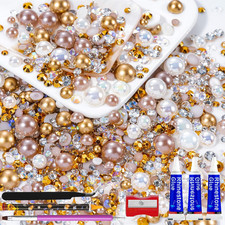 60G Champagne Gold Flatback Rhinestones Half Pearls for Crafting, Mixed Size 3Mm