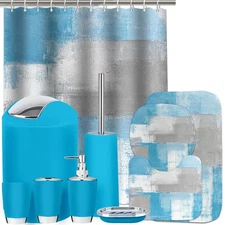 Blue Bathroom Set, 23-Piece Blue Grey Abstract Bathroom Decor Set with with S...