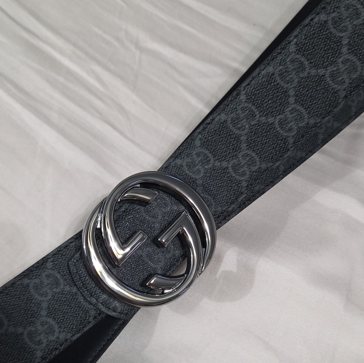 Reversible Gucci Monogram Belt Black Dark Silver GG Belt Buckle 34