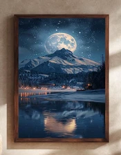 Moonlit Snowy Mountain Poster - Winter Lake Print - Night Sky Decor