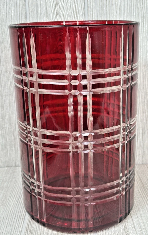 Pottery Barn Red Stewart Plaid Cut Glass Hurricane Candle Holder 11" Tall Large - Image 4 of 4