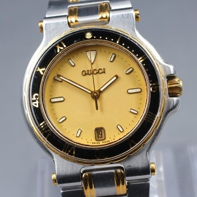 Vintage N MINT 90s GUCCI 9700M Qz Black Bezel 35mm Men Swiss Made Watch New Batt