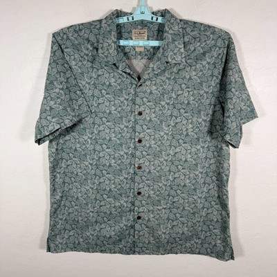 LL Bean Shirt Mens XL Green Camp Hawaiian Beach Island Sea Shells Tropics
