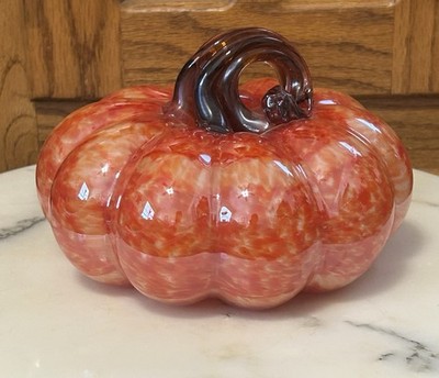 Hand Blown Art Glass Pumpkin Orange Specks Beautiful Brown Curled Stem