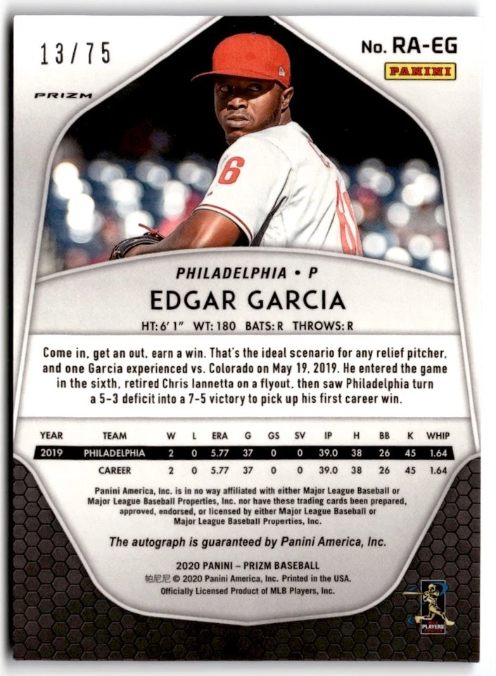 Edgar Garcia 2020 Panini Prizm Blue Rookie Auto /75 #RA-EG Philadelphia Phillies - Image 2 of 2
