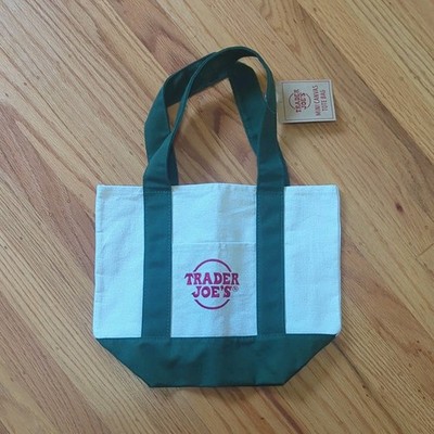Trader Joe's Mini Canvas Tote Bag Foldable White Green 65% Cotton Polyester