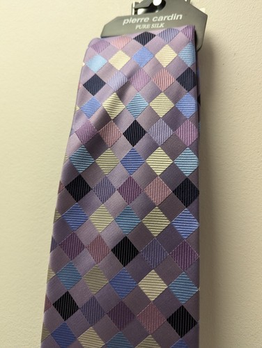 Pierre Cardin Silk Tie Designer Purple Diamond Check 100% Silk NEW - Picture 4 of 5