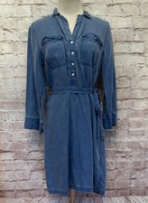 Old Navy Shirt Dress SMALL Tencel Chambray Tie Waist Mini Blue 3/4 Sleeve