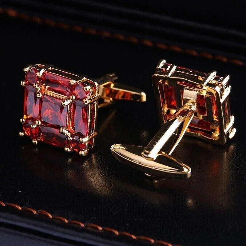 1.75Ct Lab-Created Red Ruby Men's Wedding Cufflink Pair in 14K Yellow Gold Over - Image 2 of 4