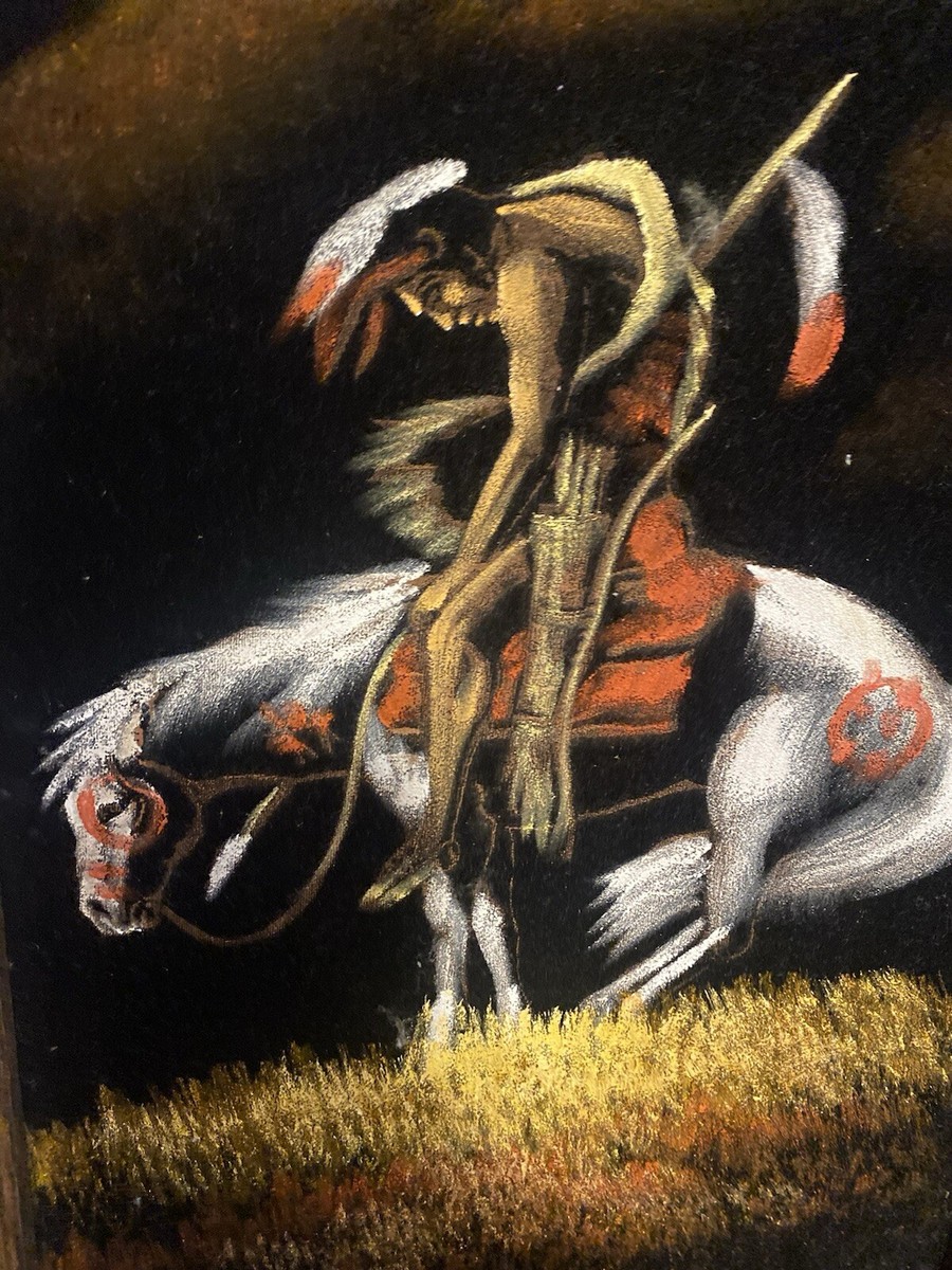 Vtg 70's Velvet Painting Native American Warrior Horseback “End Of
