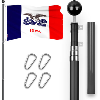 Combo: 16 Ft Telescoping Flagpole Black & Iowa IA State Flag Deluxe 3x5 Ft Emb