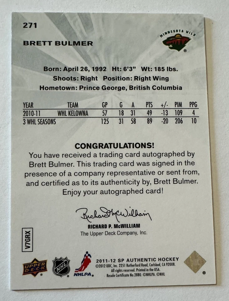 Brett Bulmer 2011-12 SP Authentic Future Watch /999 #271 - Minnesota Wild - Image 2 of 2