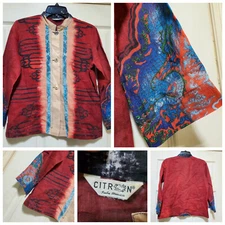 Citron Santa Monica Shirt Women Medium Burgundy Brown Aztec Art Dragon Boho Dye