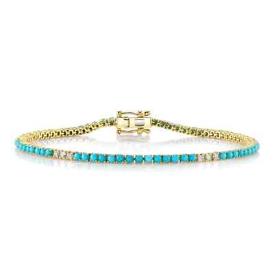 14K Gelbgold Diamant Türkis Tennis Armband 3,27 ctw Rundschliff