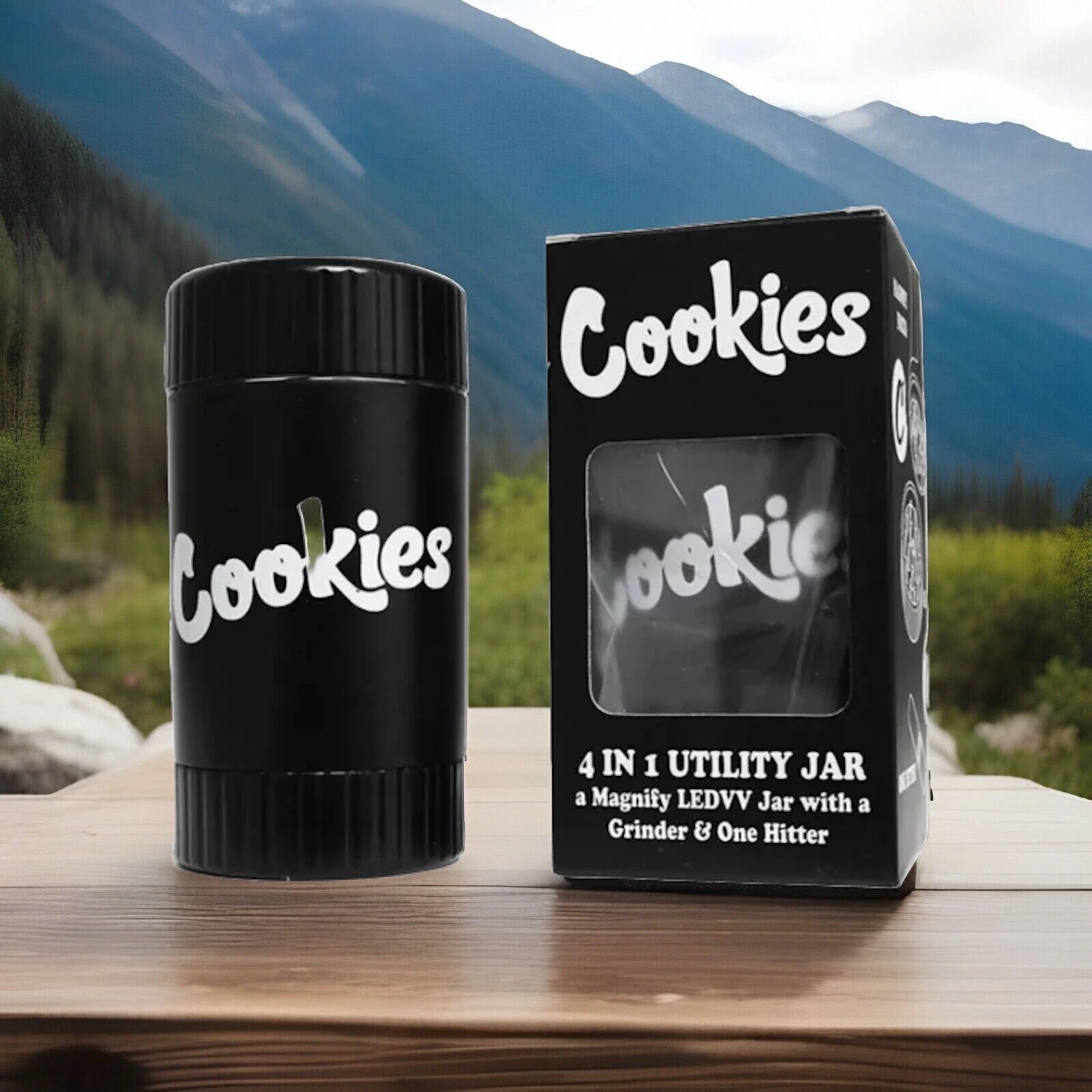 Cookies 4 in 1 Stash Jar with Magnifying LED Lid, Grinder And One Hitter Black
