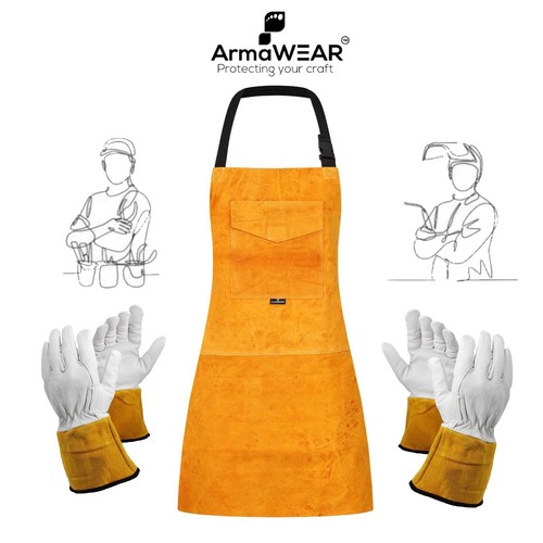 Premium Leather Welders PPE Apron and TIG Welding Gauntlet Glove Pack