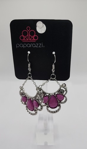 Earrings Pierced Wires Silvertone Dangle Rhinestones Clear Purple Paparazzi 2" - Picture 4 of 10