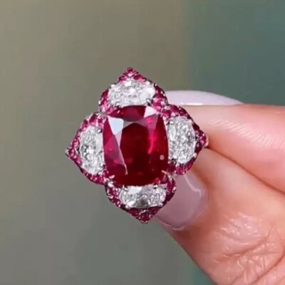 6ct Lab Created Cushion Cut Ruby & Diamond Engagement Ring 14k White Gold Plated