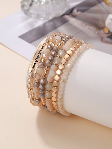 6pcs/set Champagne Gold-tone Beaded Bracelet Fashion Jewelry Accessories for - Picture 6 of 7
