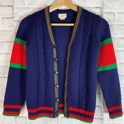 Gucci Kids Sherry Line Wool V-Neck Cable Knit Cardigan Navy Size 8 Used - Picture 7 of 11