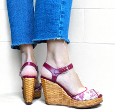 DOLCE & GABBANA Pink & Beige Canvas, Patent Leather & Wicker Wedge Sandals, 38