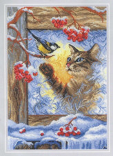 MEETING AT THE WINDOW--Brown Cat--Bird--Snow--Winter--Counted Cross Stitch KIT