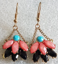 Vtg Costume Fashion Gold Tone Dangle Layered Blue Pink Black Stone Hook Earrings