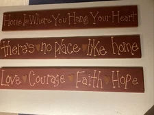3 Wooden Painted Country Farmhouse Signs Home Decor Metal Hearts