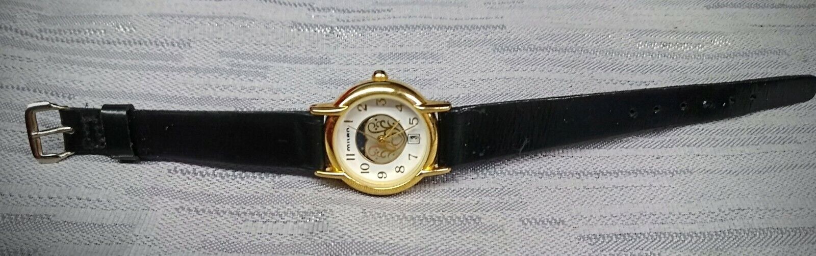 Vintage Milan Ladies Moon Dial Watch Gold Tone with Black Band New Battery Clean