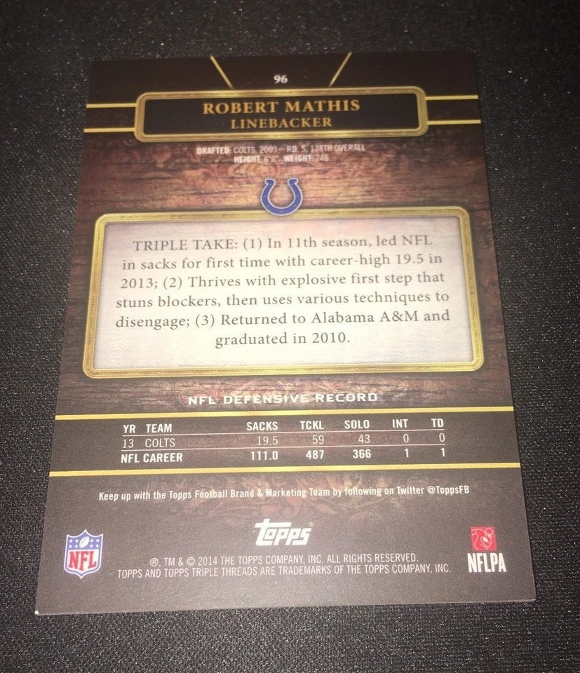 2014 Triple Threads ROBERT MATHIS #96 Sapphire/25 Indianapolis COLTS Alabama A&M - Image 2 of 2