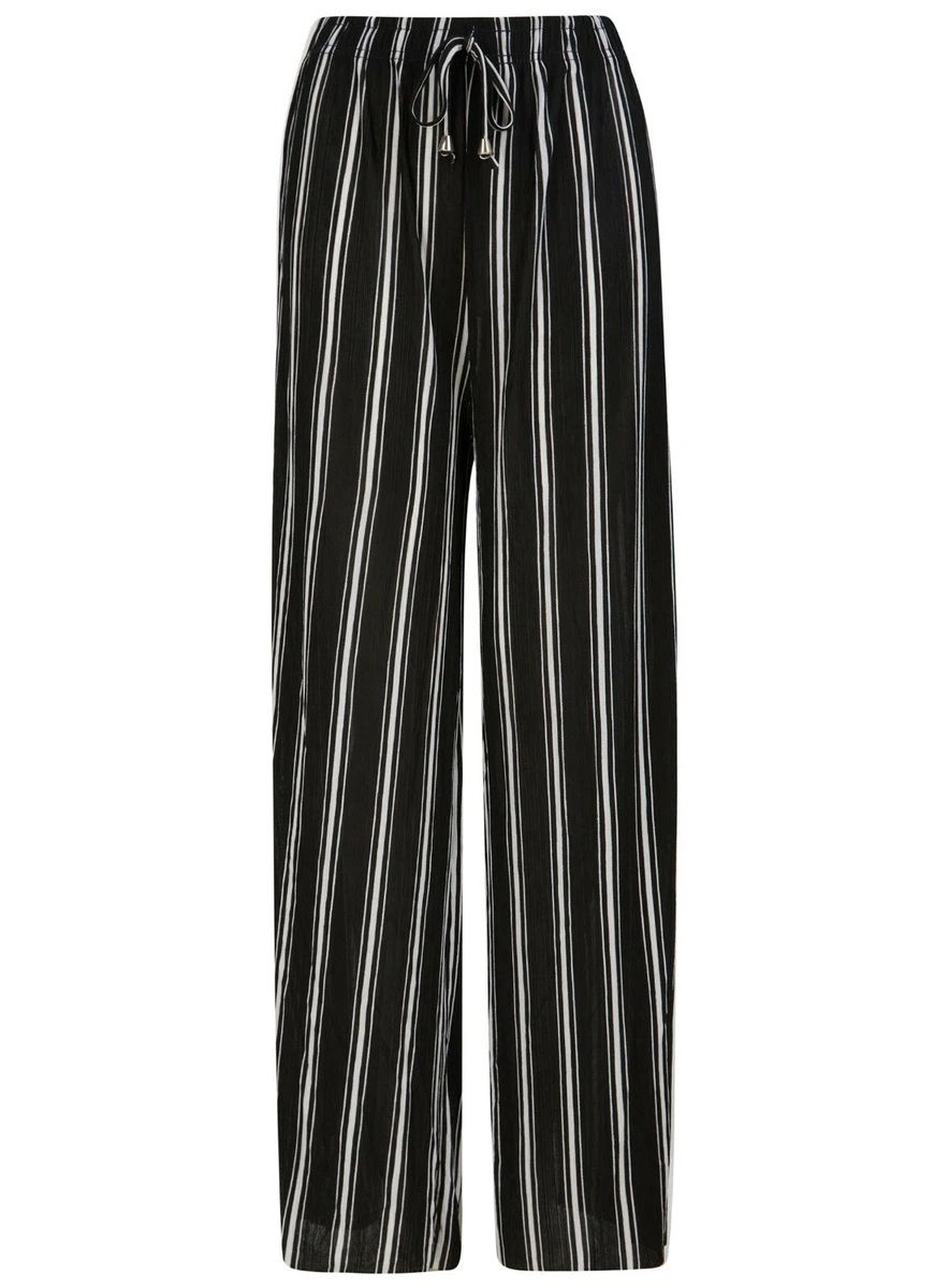 Ladies Womens Trousers Palazzo Wide Leg Summer Loose Fit Black White Stripe NEW