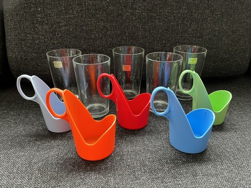Vintage Arcoroc Drink Up Glasses Tumblers Cups Plastic Handles Holders x5 - Picture 2 of 12