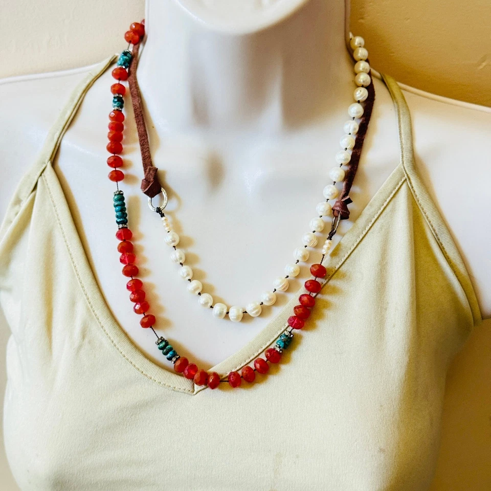 Collar De Colección Años 90 Cuentas Perla Agua Dulce Azul Turquesa Cornalina Esterlina .925 Foto 3 de 4