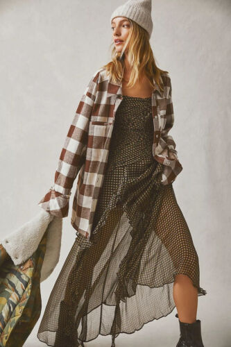 Free People So Long Summer Plaid Slouchy Top, Brown, Small, RRP $140 - Picture 1 of 4