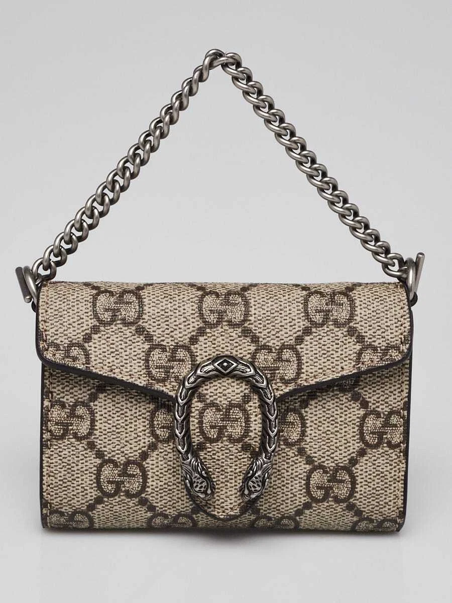 Mini portefeuille sur sangle Gucci beige/ébène GG Supreme Toile Dionysos