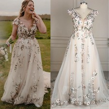Plus Size Cap Sleeve Wedding Dress Flower Embroidered Tulle V Flower Bridal Gown