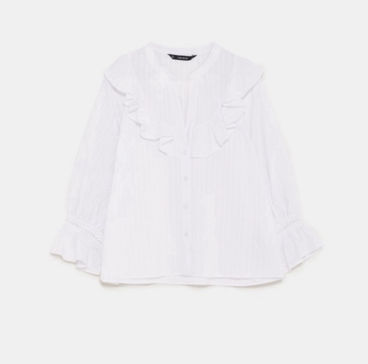 ZARA BASIC White Striped Ruffle Button Collarless… - image 3