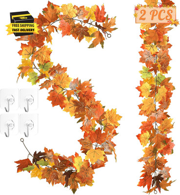 2Pack 11.8FT Fall Garland for Mantle Indoor Outdoor Thanksgiving Decor      